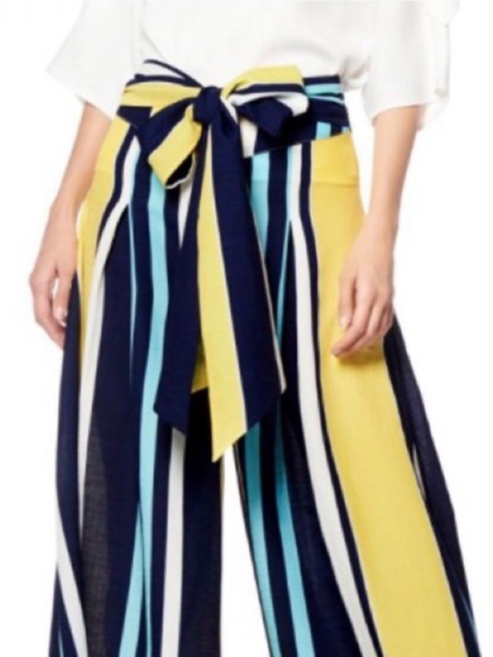 Gracia Striped Wide-Leg Pants with Self-Tie Waist in Navy and Yellow Stripes